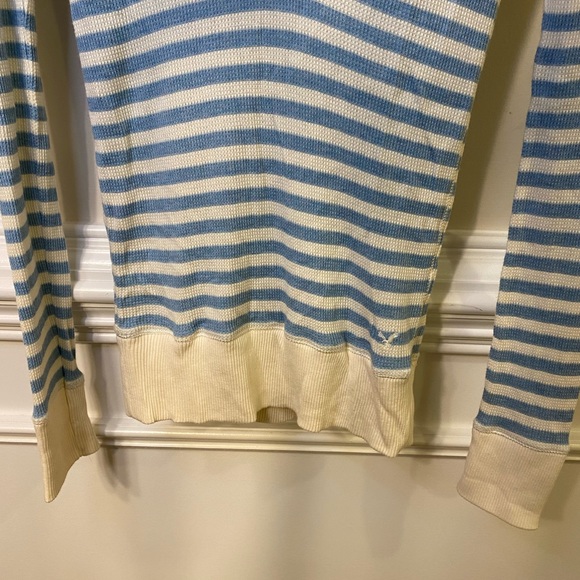 American Eagle Blue and Cream Collared V-Neck Striped Sweater Women’s Size M - Picture 8 of 11